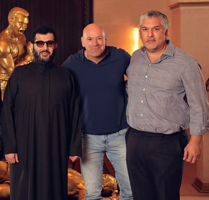 Turki Alalshikh, Dana White, and Nick Khan, photographed on Sept. 25. Photo: Courtesy Turki Alalshikh/X