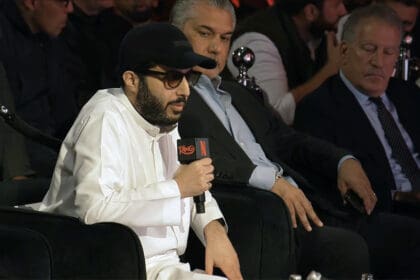 Turki Alalshikh speaks at Wednesday's news confernece in London for the Dec. 11 Fury vs Joshua fight. Photo: Courtesy Netflix