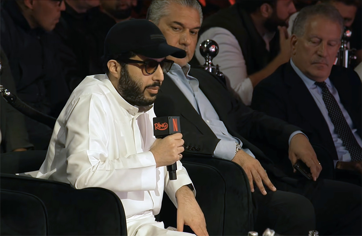 Turki Alalshikh speaks at Wednesday's news confernece in London for the Dec. 11 Fury vs Joshua fight. Photo: Courtesy Netflix