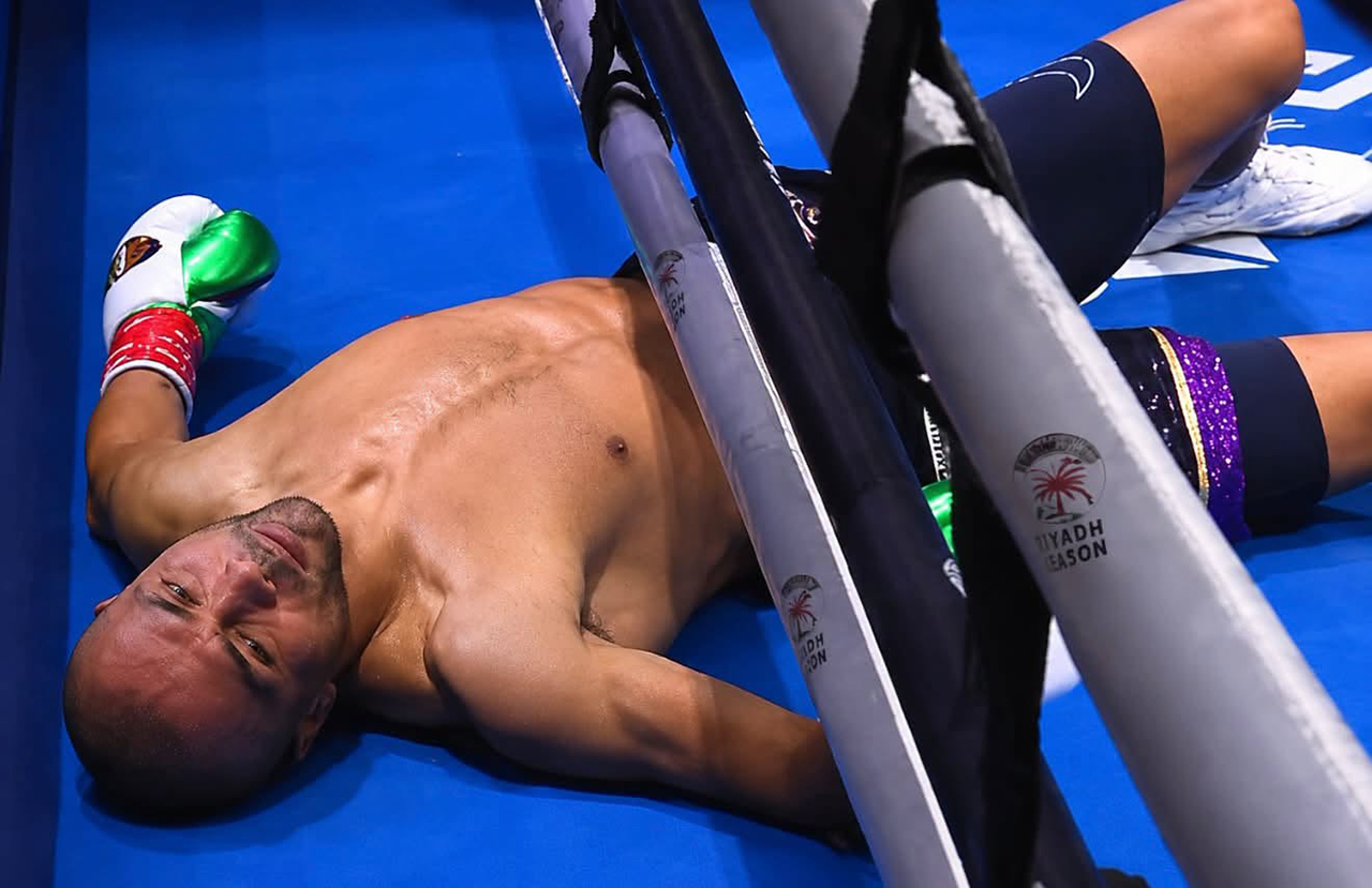 Marcos Rodriguez took a nasty right hook from Bek Nurmaganbet, but he was able to get up and leave the ring. Photo: DAZN Boxing Mexico vs the World