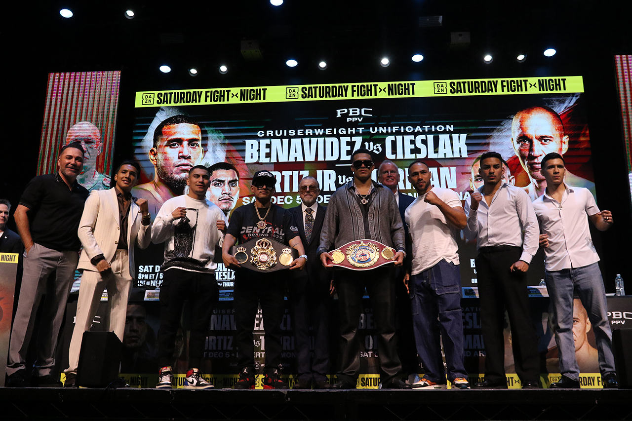 David Benavidez Jr. and company got together on Wednesday in Hollywood, California for the kickoff news conference ahead of their Dec. 5 card in Glendale Arizona. Photo: Eric Dearborn, DAZN