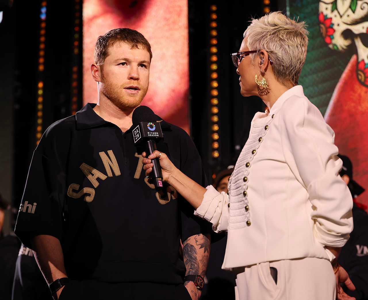 Canelo Álvarez spoke to Claudia Trejos in Spanish rather than English after Friday's weigh-in. Photo: Mark Robinson, Canelo Promotions