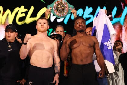 Canelo Álvarez and Christian Mbilli in their final appearance at Friday's Ring Magazine and Riyadh Season weigh In event before their title fight on Saturday. Photo: Mark Robinson, Canelo Promotions
