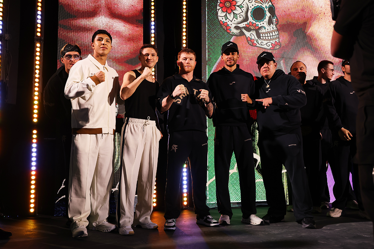 Team Reynoso poses at the weigh-in, including Canelo Álvarez (center), with Jaime Munguía, David Picasso, Rafael Espinoza, and Eddy Reynoso, who will work the corner in eight of the nine fights on Saturday. Photo: Mark Robinson, Canelo Promotions