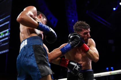 Sebastian Fundora settled the fight in the final seconds with two left hooks to knockout Ermal Hadribeaj. Photo: Cris Esqueda, Premier Boxing Champions