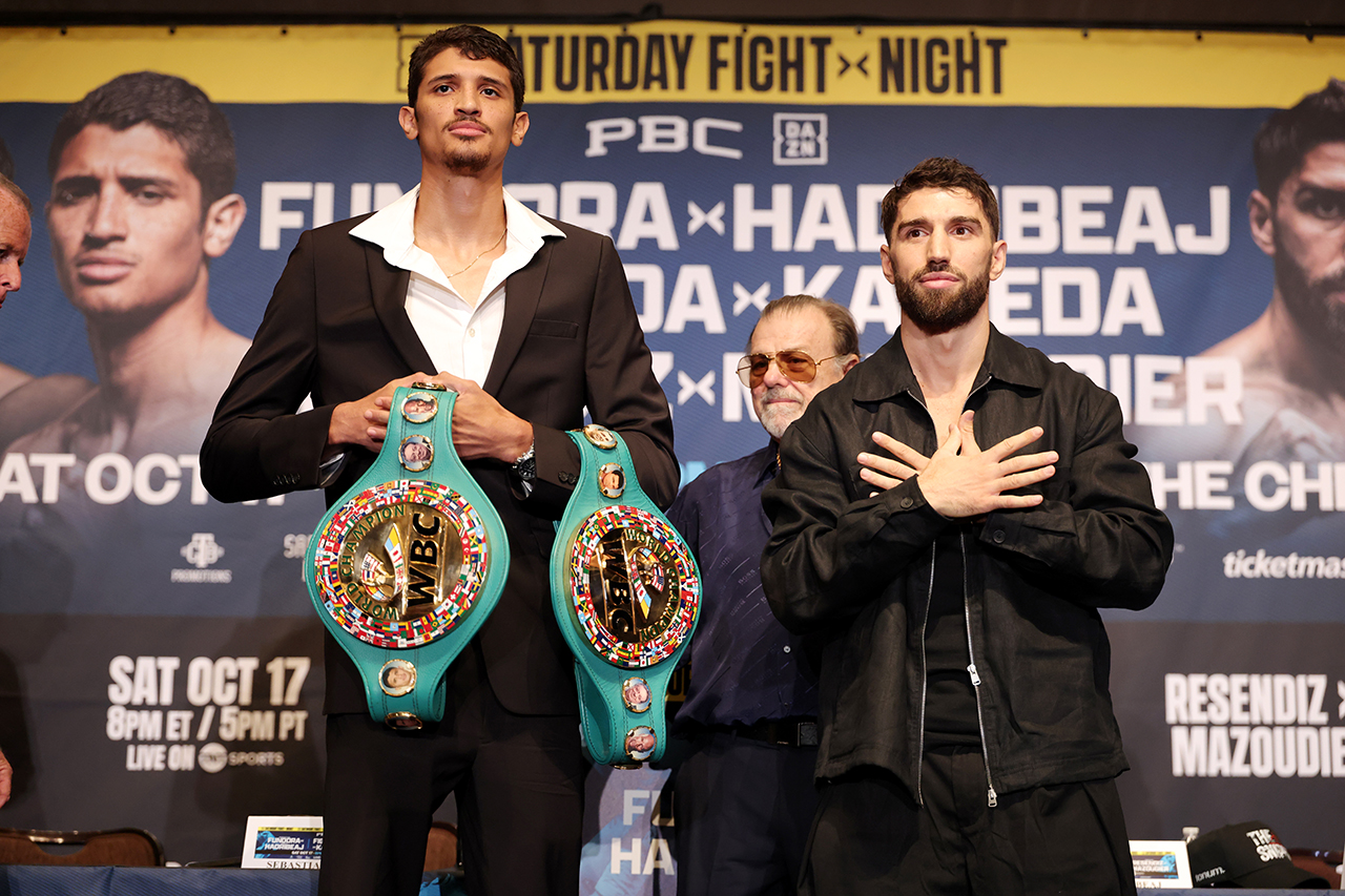 Ermal Haddribeaj depicts the Albanian Eagle symbol during today's faceoff with Sebastian Fundora. Photo: Cris Esqueda, Premier Boxing Champions
