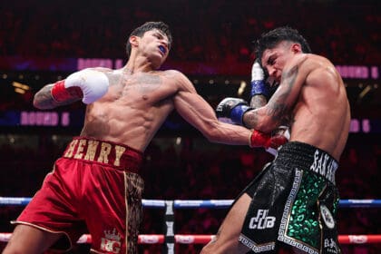 Ryan Garcia works to the body of Mario Barrios in his WBC World Welterweight title fight. Photo: Cris Esqueda, Golden Boy/Getty Images