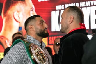 Agit Kabayel and Nelson Hysa face off in Dusseldorf on Tuesday. Photo: Queensberry Promotions