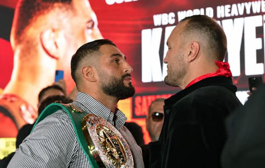 Agit Kabayel and Nelson Hysa face off in Dusseldorf on Tuesday. Photo: Queensberry Promotions