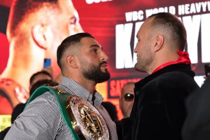 Agit Kabayel and Nelson Hysa face off in Dusseldorf on Tuesday. Photo: Queensberry Promotions