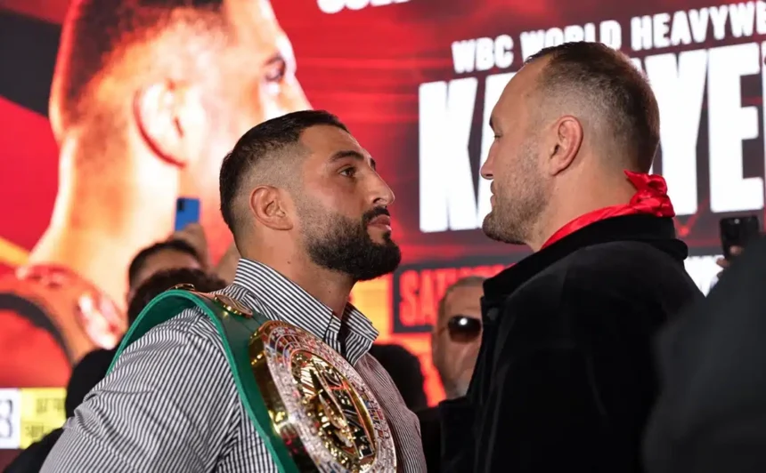 Agit Kabayel and Nelson Hysa face off in Dusseldorf on Tuesday. Photo: Queensberry Promotions