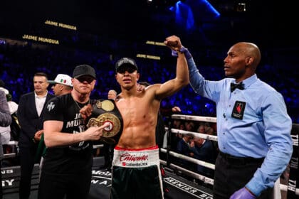 Jaime Munguia celebrated his win in May with mentor and former opponent Canelo Alvarez. Photo: Cris Esqueda, Golden Boy Boxing Cinco de Mayo
