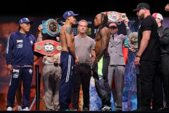 Emanuel Navarrete and O'Shaquie Foster put their three belts on the line Saturday in San Antonio. Photo: Mikey Williams, Top Rank Boxing