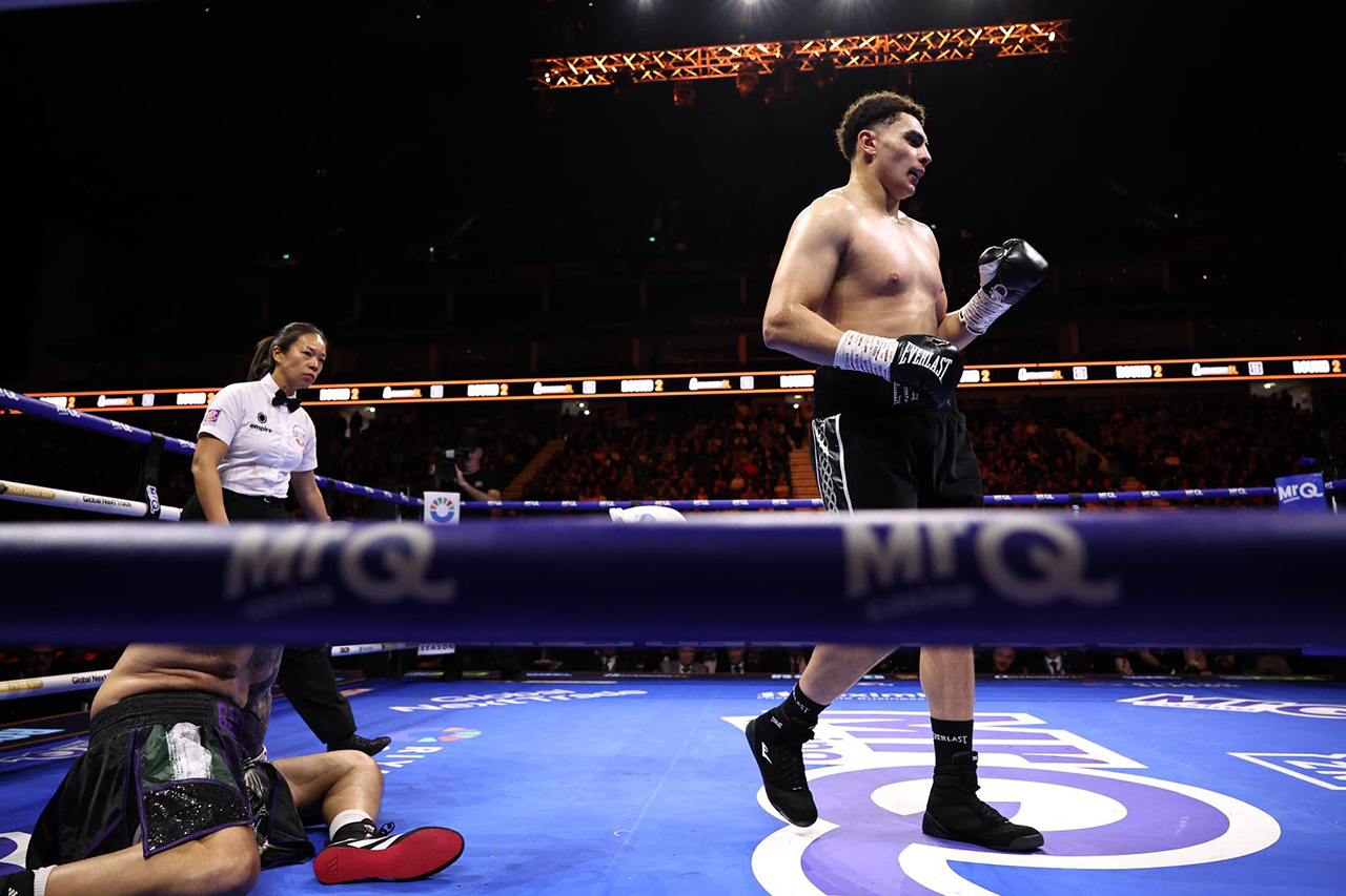 Among the few undercard highlights was the second round KO by Irish heavyweight prospect Adam Olaniyan. Photo: Queensberry Promotions