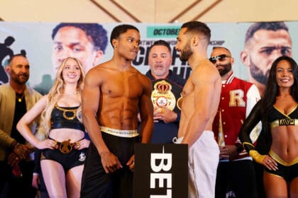 Floyd Schofield and Lucas Bahdi trade final words at Friday's weigh-in. Photo: Golden Boy Promotions