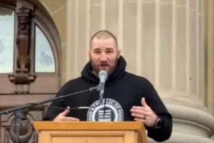 Sean Strickland speaking at the Alberta Independence Rally on October 17, 2026