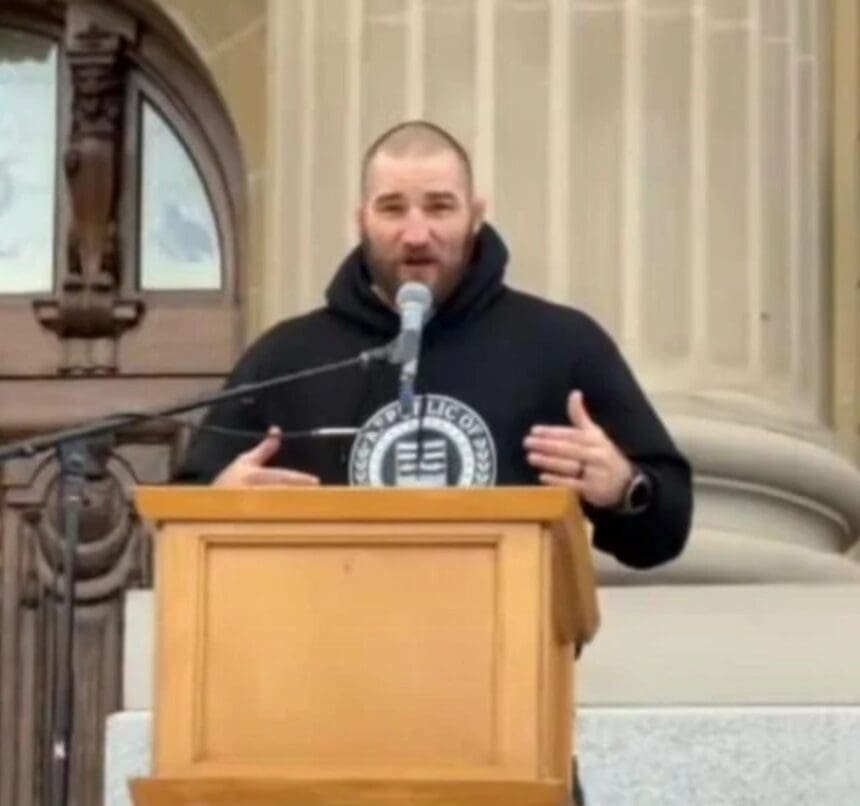 Sean Strickland speaking at the Alberta Independence Rally on October 17, 2026