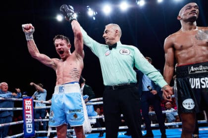 Dalton Smith reacts to hearing "And still!" in Sheffield, winning by majority decision over Alberto Puello, to retain his WBC World Super Lightweight title. Photo: Mark Robinson, Matchroom Boxing