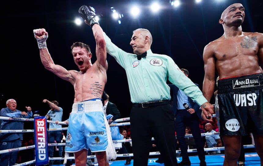 Dalton Smith reacts to hearing "And still!" in Sheffield, winning by majority decision over Alberto Puello, to retain his WBC World Super Lightweight title. Photo: Mark Robinson, Matchroom Boxing