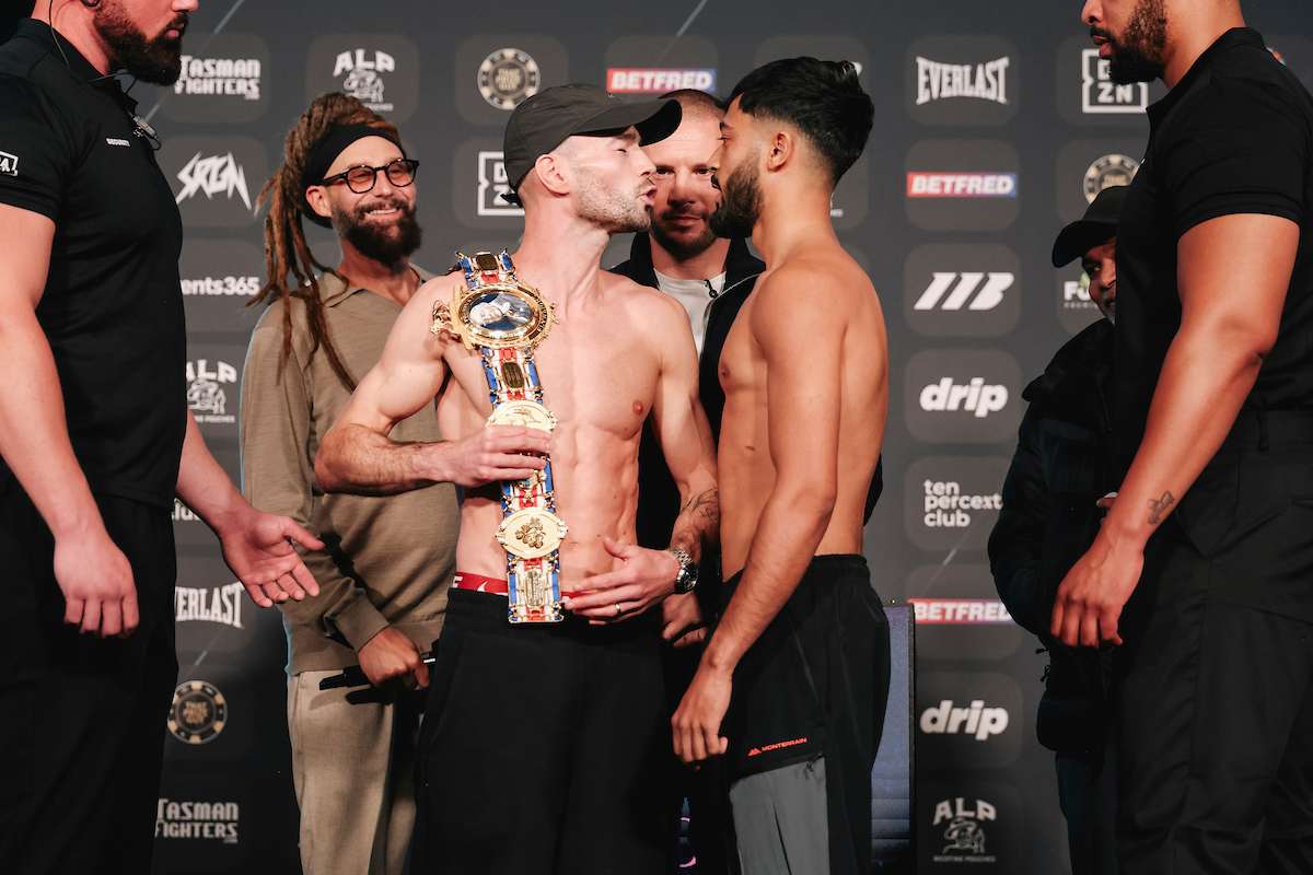 Hamza Uddin got spicy with Sean Bruce after stepping on the scale. Photo: Zachariah Delgado, Matchroom Boxing Ben Whittaker