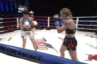 Valentina Shevchenko and Wang Cong at Kunlun Fight 33
