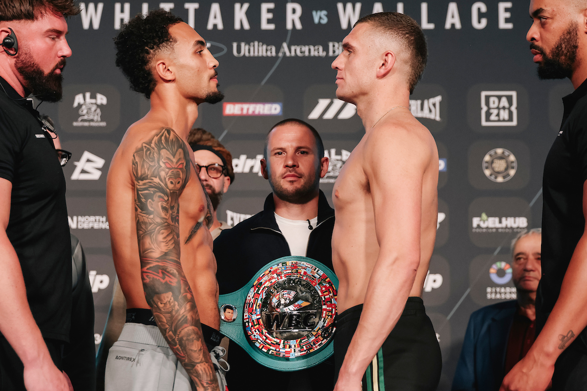 Ben Whittaker and Connor Wallace face off at their weigh in Friday. Photo: Zachariah Delgado, Matchroom Boxing