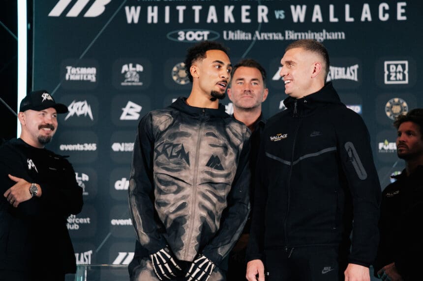 Ben Whittaker goofs around at Thursday's news conference with opponent Conor Wallace. Photo: Zacharias Delgado, Matchroom Boxing