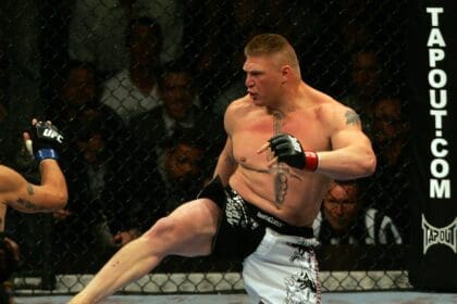 11 July 2009: UFC Heavyweight fighter Brock Lesnar throws a kick at Frank Mir during the UFC 100 main-event between Brock Lesnar and Frank Mir at the Mandalay Bay Events Center in Las Vegas, NV. MMA: JUL 11 UFC 100 Icon357090710117100 EDITORIAL USE ONLY