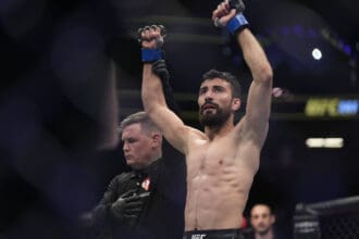 March 4, 2023, Las Vegas, NV, LAS VEGAS, NV, USA: LAS VEGAS, NV - MARCH 4: Farid Basharat celebrates his victory over Da Mon Blackshear in their Bantamweight fight during the UFC 285 event at T-Mobile Arena on March 4, 2023 in Las Vegas, NV, USA. Las Vegas, NV USA - ZUMAp175 20230304_zsa_p175_126 Copyright: xLouisxGrassex
