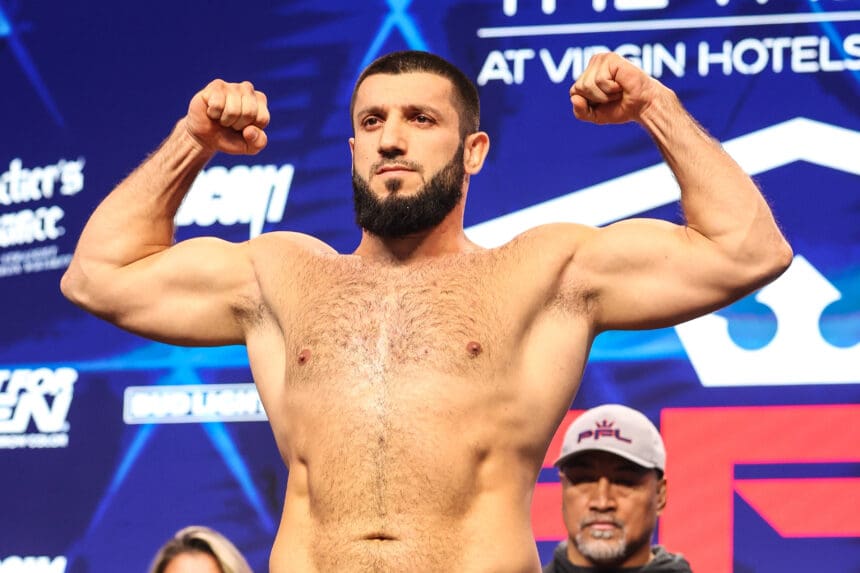 MMA 2023: PFL 2 Weigh-ins APR 6 April 6, 2023: Heavyweight Rizvan Kuniev on stage during the ceremonial weigh-ins at The Theater inside the Virgin Hotel on April 6, 2023 in Las Vegas, NV. Christopher Trim CSM. Las Vegas Nevada United States of America EDITORIAL USE ONLY Copyright: xx ZUMA-20230406_zaf_c04_112.jpg ChristopherxTrimx csmphotothree077783