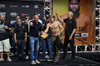 Paddy Ôthe BaddyÕ Pimblett of GBR throws gifts to the crowd during the ceremonial weigh-ins during the UFC 304 event at Co-op Etihad Campus, SportCity, England on the 26 July 2024. Copyright: xAndyxRowlandx PMI-6349-0004