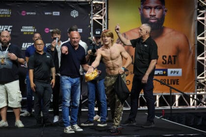 Paddy Ôthe BaddyÕ Pimblett of GBR throws gifts to the crowd during the ceremonial weigh-ins during the UFC 304 event at Co-op Etihad Campus, SportCity, England on the 26 July 2024. Copyright: xAndyxRowlandx PMI-6349-0004