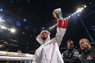 March 1, 2025, Brooklyn, New York, USA: WBA Super Lightweight Champion Jose Valenzuela enters the ring for his world title defense agains Gary Antuanne Russell. Brooklyn USA - ZUMAd151 20250301_znp_d151_021 Copyright: xAdamxDelGiudicex