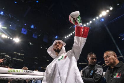 March 1, 2025, Brooklyn, New York, USA: WBA Super Lightweight Champion Jose Valenzuela enters the ring for his world title defense agains Gary Antuanne Russell. Brooklyn USA - ZUMAd151 20250301_znp_d151_021 Copyright: xAdamxDelGiudicex