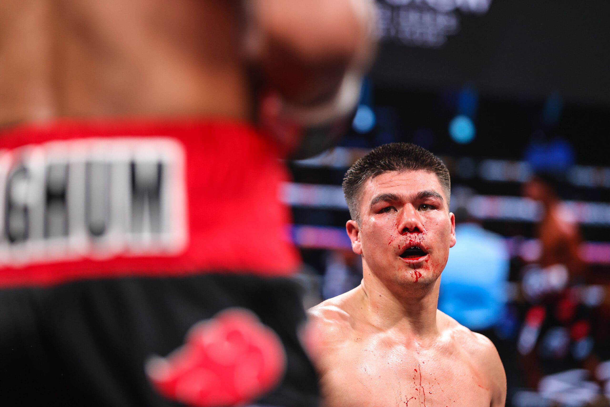 May 30, 2025: Super Middleweight Bektemir Melikuziev looks at his opponent during their fight inside The Theater at the Virgin Hotels on May 30, 2025 in Las Vegas, NV. CSM. Las Vegas United States of America - ZUMAc04_ 20250530_zma_c04_399 Copyright: xChristopherxTrimx