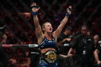 June 7, 2025, Newark, New Jersey, United State: Kayla Harrison celebrates after her victory against Julianna PeoÂa in their Womens bantamweight title bout during the UFC 316 at Prudential Center on June 07, 2025 in Newark, New Jersey, United State. /PxImages Newark United State - ZUMAp175 20250607_zsa_p175_093 Copyright: xMattxDaviesx