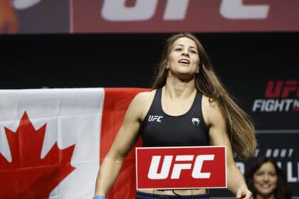 October 17, 2025, Vancouver, Vancouver, Bc, Canada: Jasmine Jasudavicius poses on the scale during the UFC Fight Night: de Ridder vs Allen - Ceremonial Weigh-In at Rogers Arena on October 17, 2025 in Vancouver, BC, Canada. /PxImages Vancouver Canada - ZUMAp175 20251017_zsa_p175_089 Copyright: xTomazxJrx