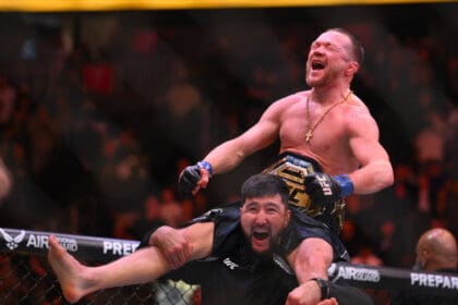 December 6, 2025, Las Vegas, Nevada, USA: PETR YAN 20-5 of Yekaterinburg, celebrates after defeating Merab Dvalishvili 20-5 by unanimous decision 49-46, 49-46, 48-47 during UFC 323 at the T-Mobile Arena. Las Vegas USA - ZUMAo117 20251207_zsp_o117_019 Copyright: xMikaelxOnax