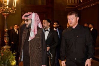 Canelo Álvarez and Turki Alalshikh of the Saudi General Entertainment Authority at the Ring Magazine Awards in London. Photo: Mark Robinson, Matchroom Boxing