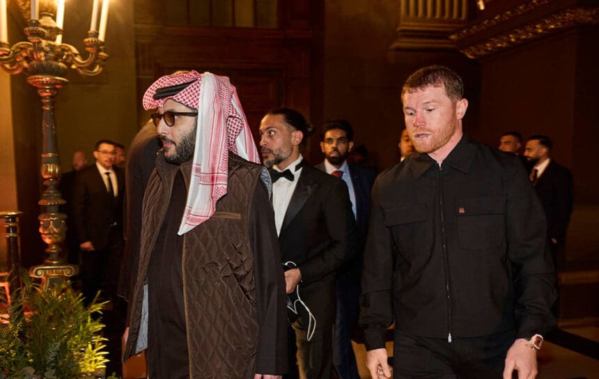 Canelo Álvarez and Turki Alalshikh of the Saudi General Entertainment Authority at the Ring Magazine Awards in London. Photo: Mark Robinson, Matchroom Boxing